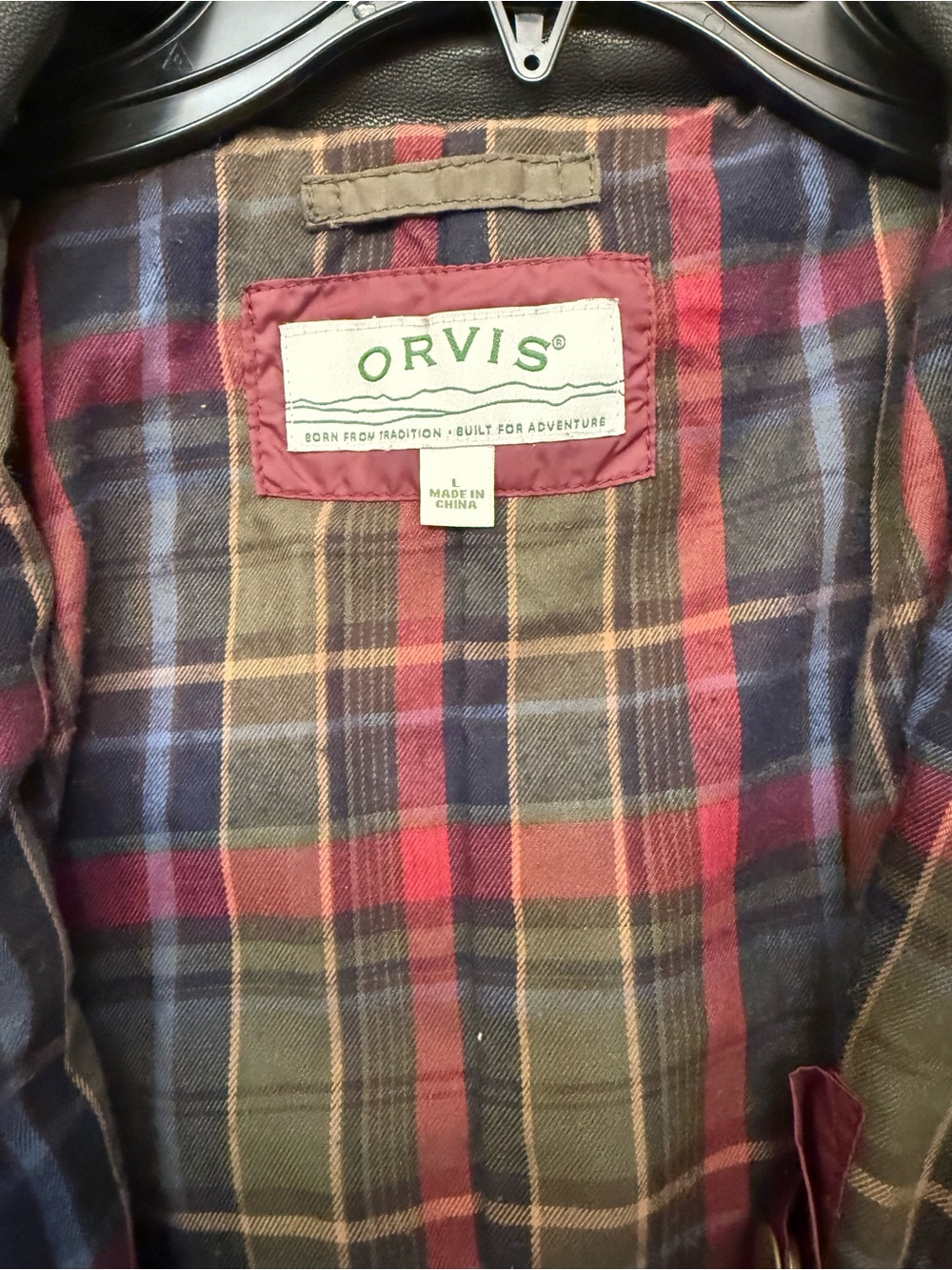 Orvis Plaid Flannel-Lined Jacket in Olive and Red Tones leather collar hood - Picture 3 of 11